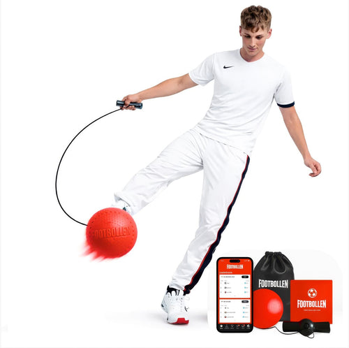 Person using a red exercise ball with a rope, surrounded by related products on a white background